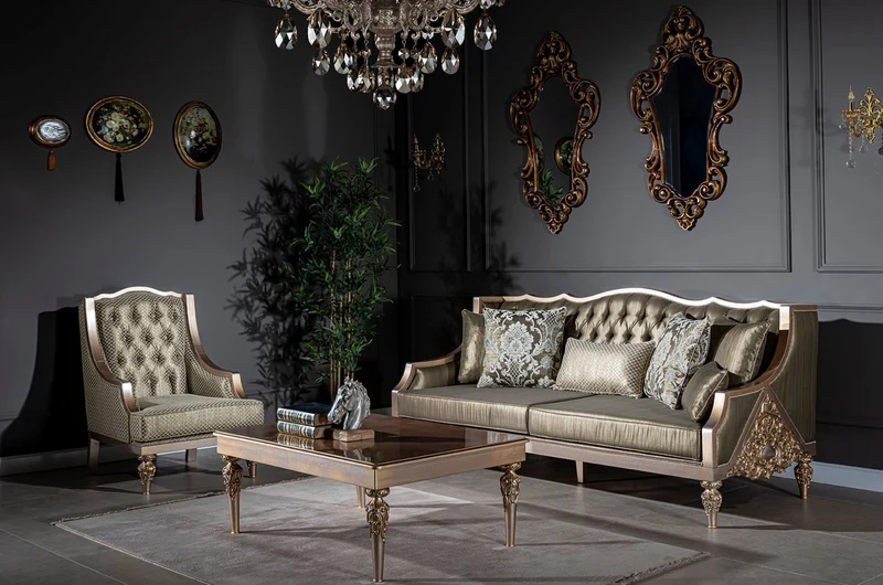 Casa Padrino Luxus Barock Wohnzimmer Set Grün / Silber / Kupfer / Gold - 2 Sofas & 2 Sessel & 1 Couchtisch - Wohnzimmer Möbel im Barockstil - Edel & Prunkvoll