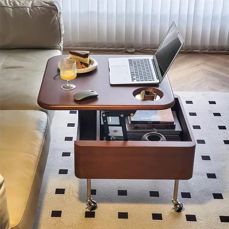 Anhebbarer Couchtisch aus Massivholz mit Stauraum und Universalrädern