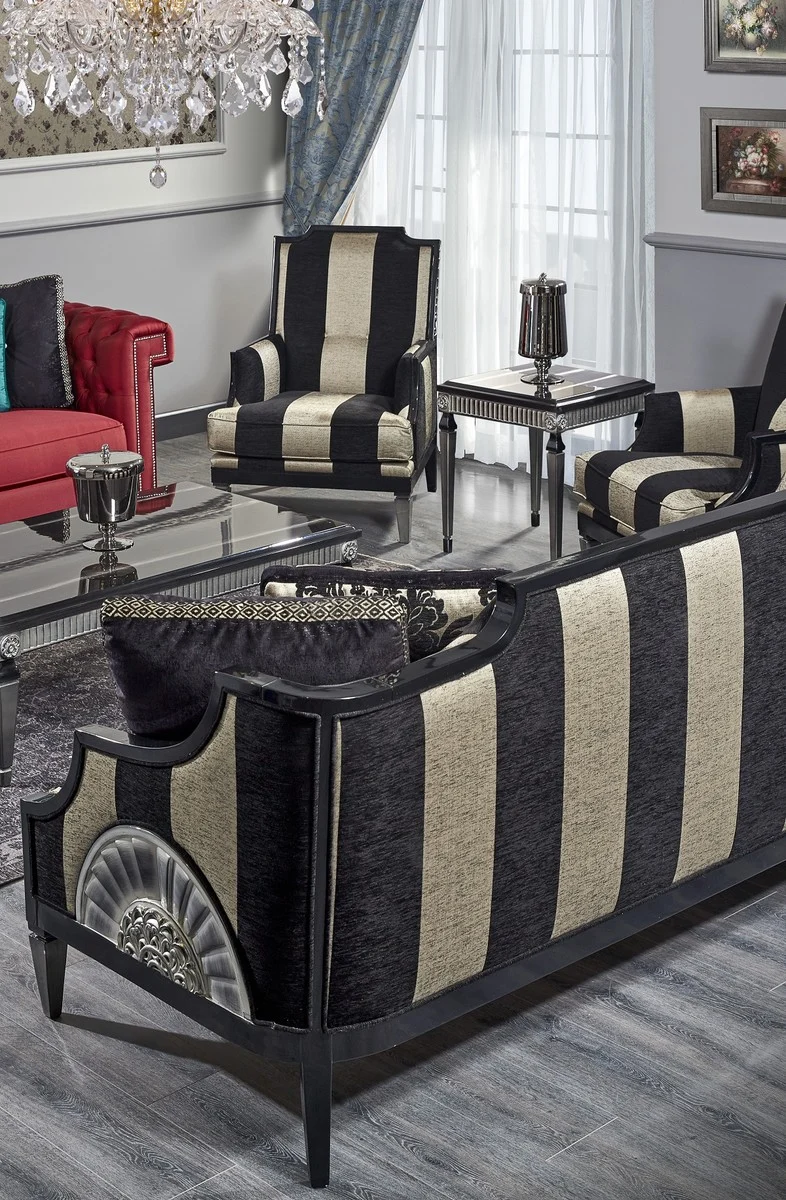 Casa Padrino Luxus Barock Wohnzimmer Set Rot / Schwarz / Gold / Silber - 2 Sofas & 2 Sessel & 1 Couchtisch & 1 Beistelltisch - Barock Wohnzimmermöbel
