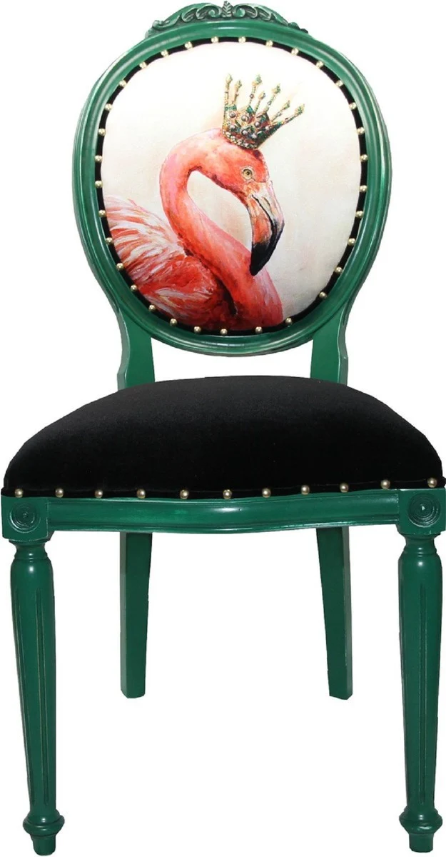 Casa Padrino Luxus Barock Esszimmer Set Flamingo mit Krone Grün / Schwarz / Mehrfarbig 48 x 50 x H. 98 cm - 4 handgefertigte Esszimmerstühle mit Bling Bling Glitzersteinen - Barock Esszimmermöbel