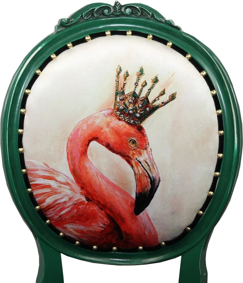 Casa Padrino Luxus Barock Esszimmer Set Flamingo mit Krone Grün / Schwarz / Mehrfarbig 48 x 50 x H. 98 cm - 4 handgefertigte Esszimmerstühle mit Bling Bling Glitzersteinen - Barock Esszimmermöbel