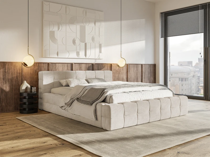 Polsterbett Puffly 180x200 cm mit Stauraum, Metallrahmen, grau-beiges Samtgewebe