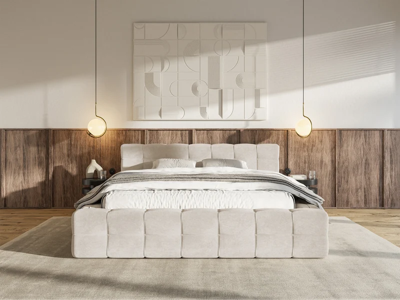 Polsterbett Puffly 180x200 cm mit Stauraum, Metallrahmen, grau-beiges Samtgewebe