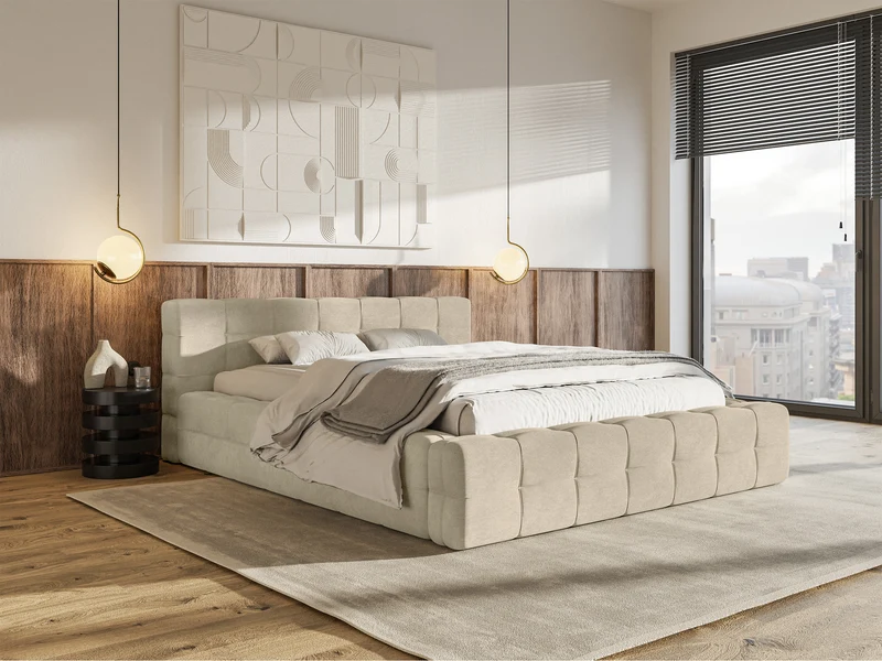 Polsterbett Puffly 180x200 cm mit Stauraum, Metallrahmen, beiger Samt