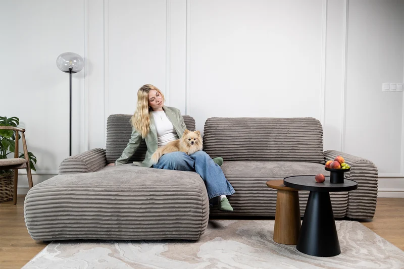 Ecksofa mit Schlaffunktion Alferia, L-förmig, mit Stauraum, grau-beiges Cord, linksseitig