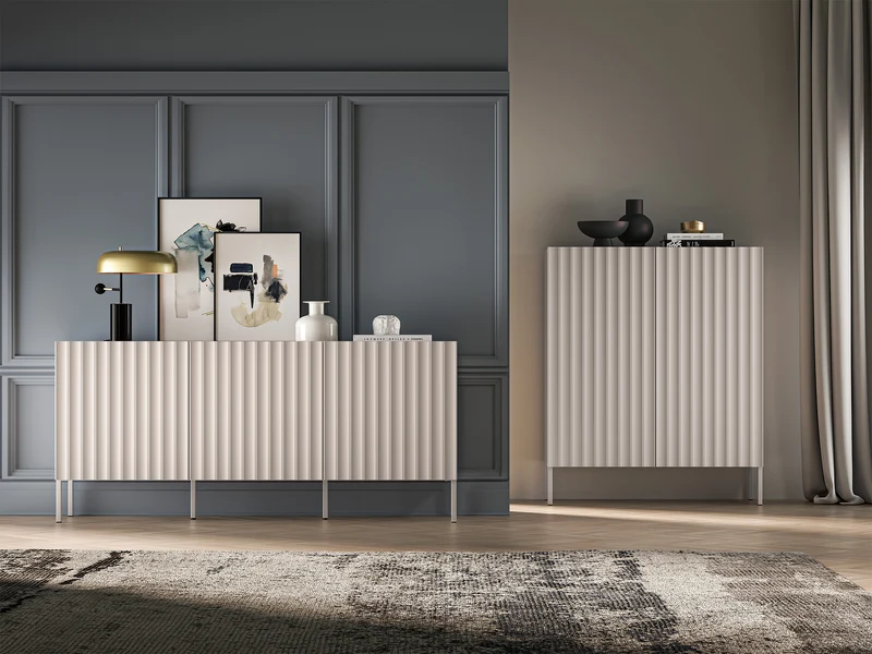 Drehtür-Kommode Derriva mit gerillten Fronten, 170 cm, Kaschmir