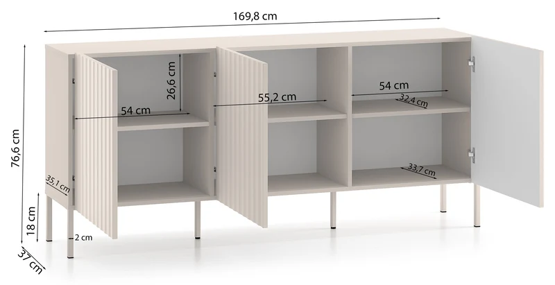 Drehtür-Kommode Derriva mit gerillten Fronten, 170 cm, Kaschmir