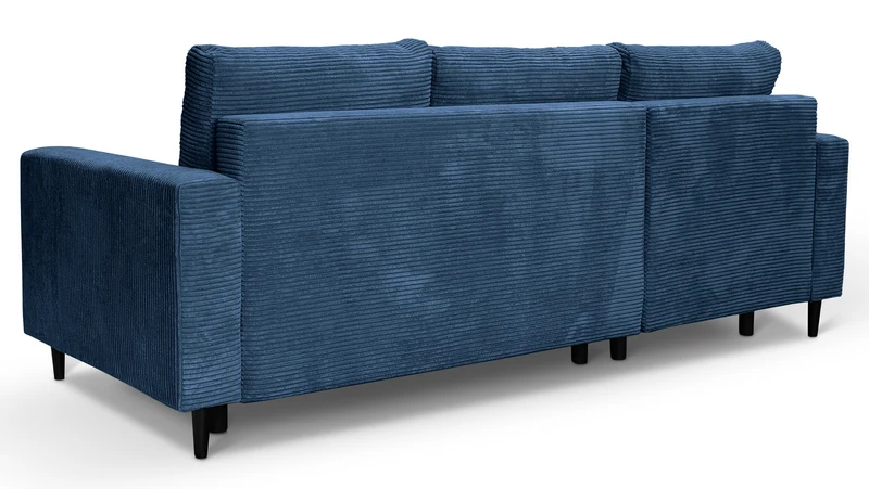Ecksofa mit Schlaffunktion Nalika, L-förmig, mit Stauraum, dunkelblauer Cordstoff, linksseitig