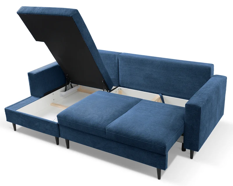 Ecksofa mit Schlaffunktion Nalika, L-förmig, mit Stauraum, dunkelblauer Cordstoff, linksseitig