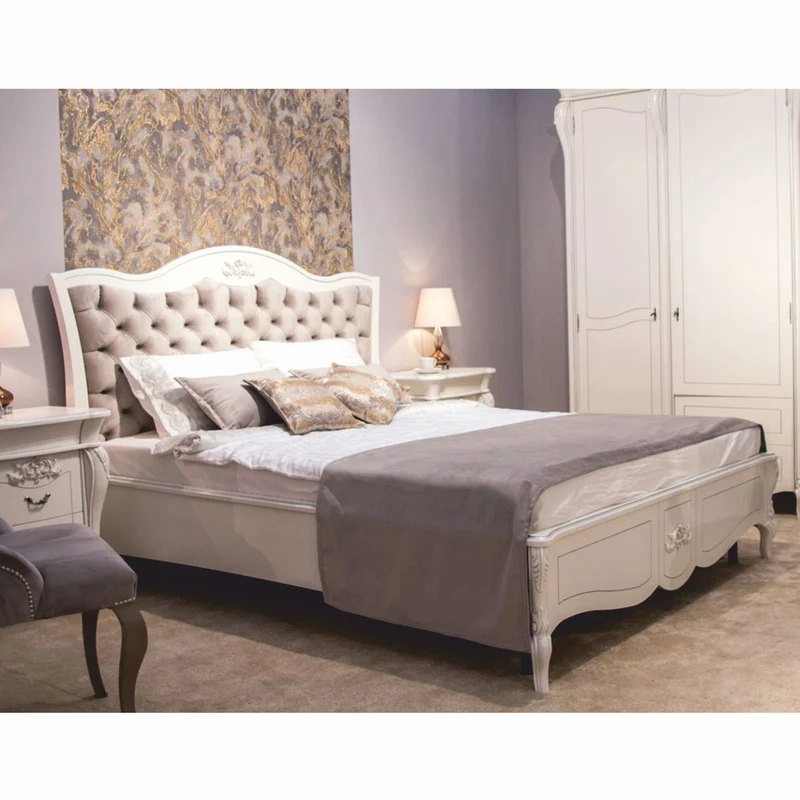 Casa Padrino Luxus Barock Massivholz Doppelbett Weiß / Grau - Barock Schlafzimmer Möbel