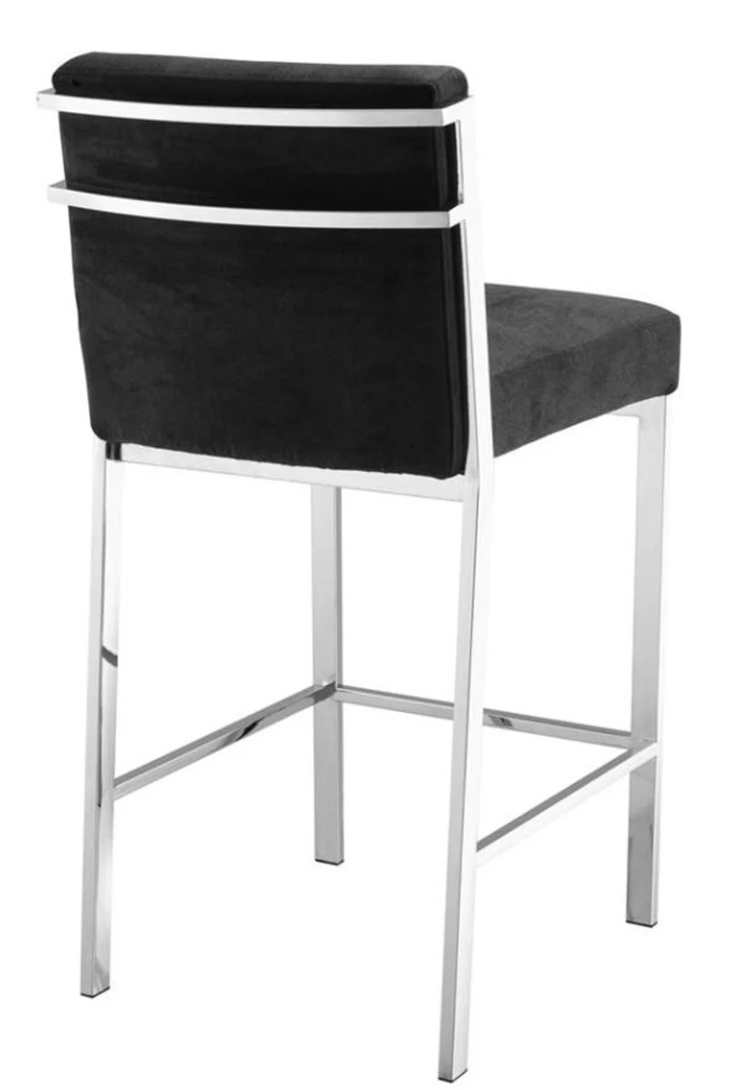 Casa Padrino Luxus Barstuhl Schwarz / Silber 43 x 54 x H. 91 cm - Designer Edelstahl Barhocker mit Samtstoff - Barmöbel