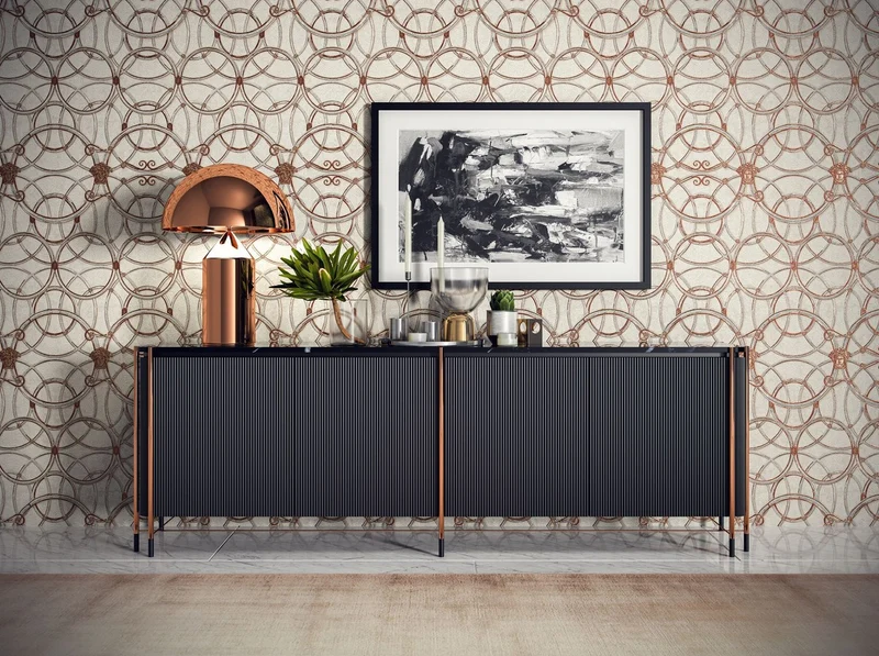Casa Padrino Luxus Sideboard Schwarz / Matt Schwarz / Kupfer 240 x 47 x H. 80 cm - Massivholz Schrank mit 4 Türen und Marmorplatte - Esszimmer Möbel - Wohnzimmer Möbel - Hotel Möbel - Luxus Möbel