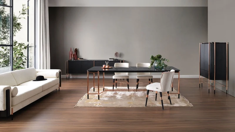 Casa Padrino Luxus Sideboard Schwarz / Matt Schwarz / Kupfer 240 x 47 x H. 80 cm - Massivholz Schrank mit 4 Türen und Marmorplatte - Esszimmer Möbel - Wohnzimmer Möbel - Hotel Möbel - Luxus Möbel