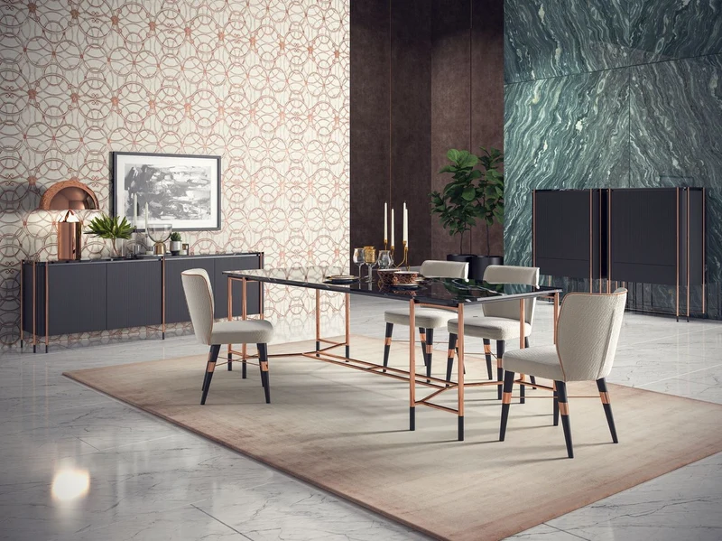 Casa Padrino Luxus Sideboard Schwarz / Matt Schwarz / Kupfer 240 x 47 x H. 80 cm - Massivholz Schrank mit 4 Türen und Marmorplatte - Esszimmer Möbel - Wohnzimmer Möbel - Hotel Möbel - Luxus Möbel