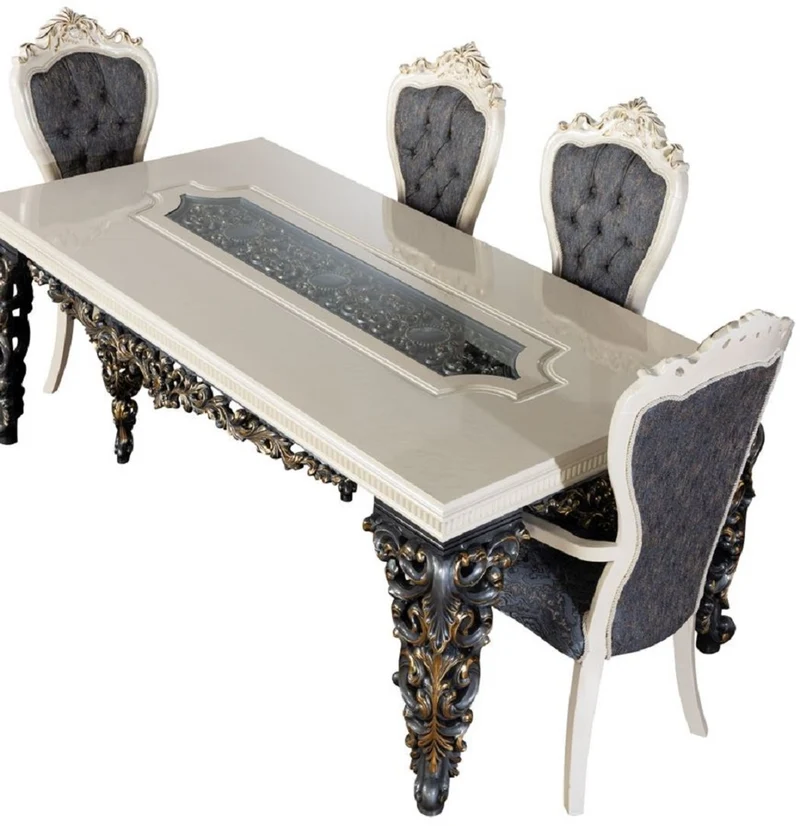 Casa Padrino Luxus Barock Esszimmer Stuhl 6er Set Blau / Weiß / Gold - Prunkvolle Barockstil Küchen Stühle - Luxus Esszimmer Möbel im Barockstil - Barock Esszimmer Möbel - Barockstil Möbel