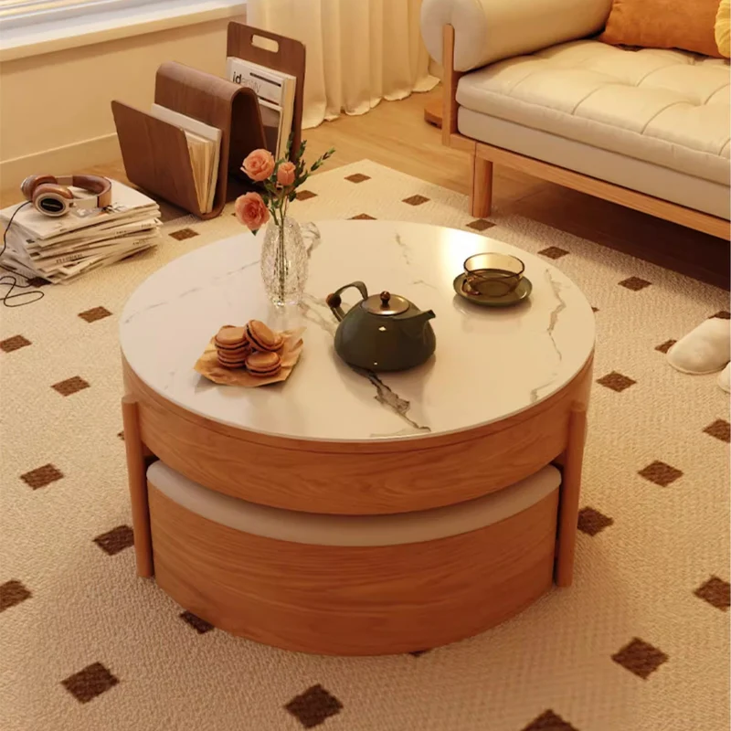 Runder Couchtisch mit Hubplatte, Stauraum und Ottomanen