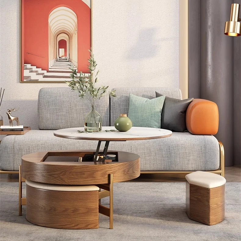 Runder Couchtisch mit Hubplatte, Stauraum und Ottomanen