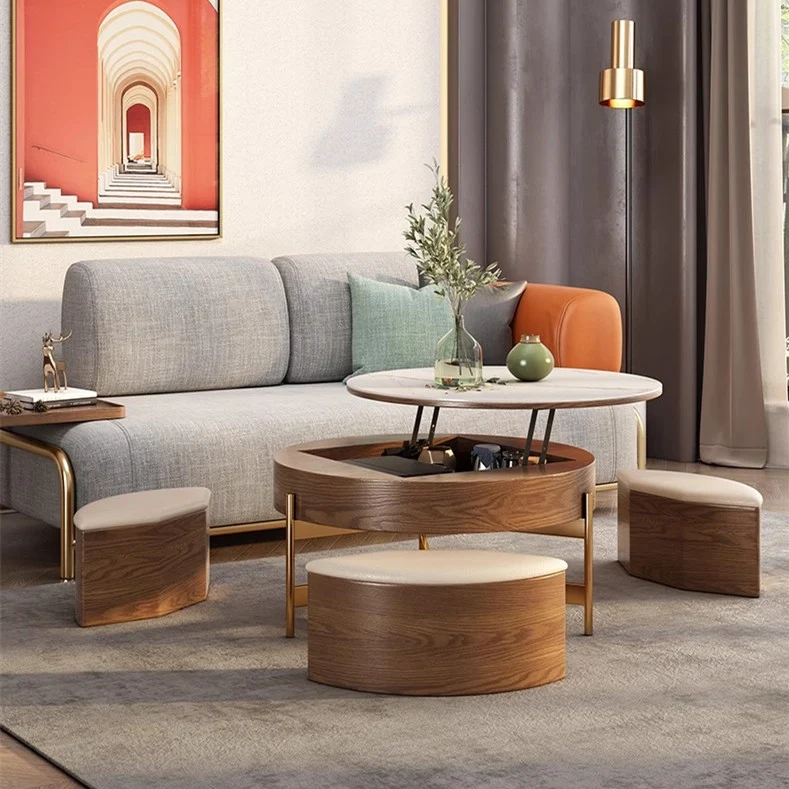 Runder Couchtisch mit Hubplatte, Stauraum und Ottomanen