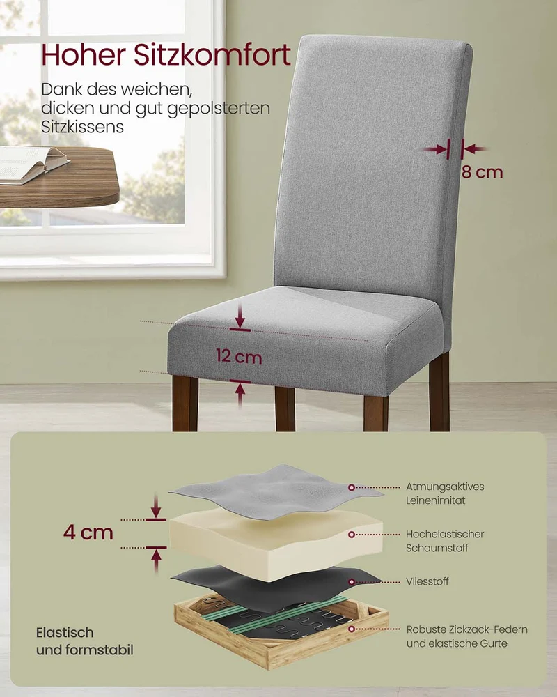 Esszimmerstühle, 2er-Set – Gepolsterter Sitz – Holzbeine – Ergonomische Rückenlehne – Klassisches Design