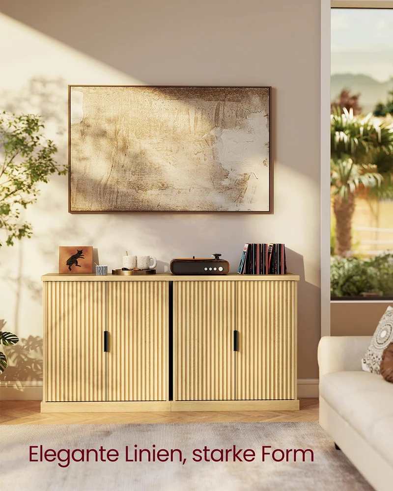 Sideboard mit geriffelten Türen – Aufbewahrungsschrank mit verstellbarem Boden – 76 cm breit – Eichenbeige