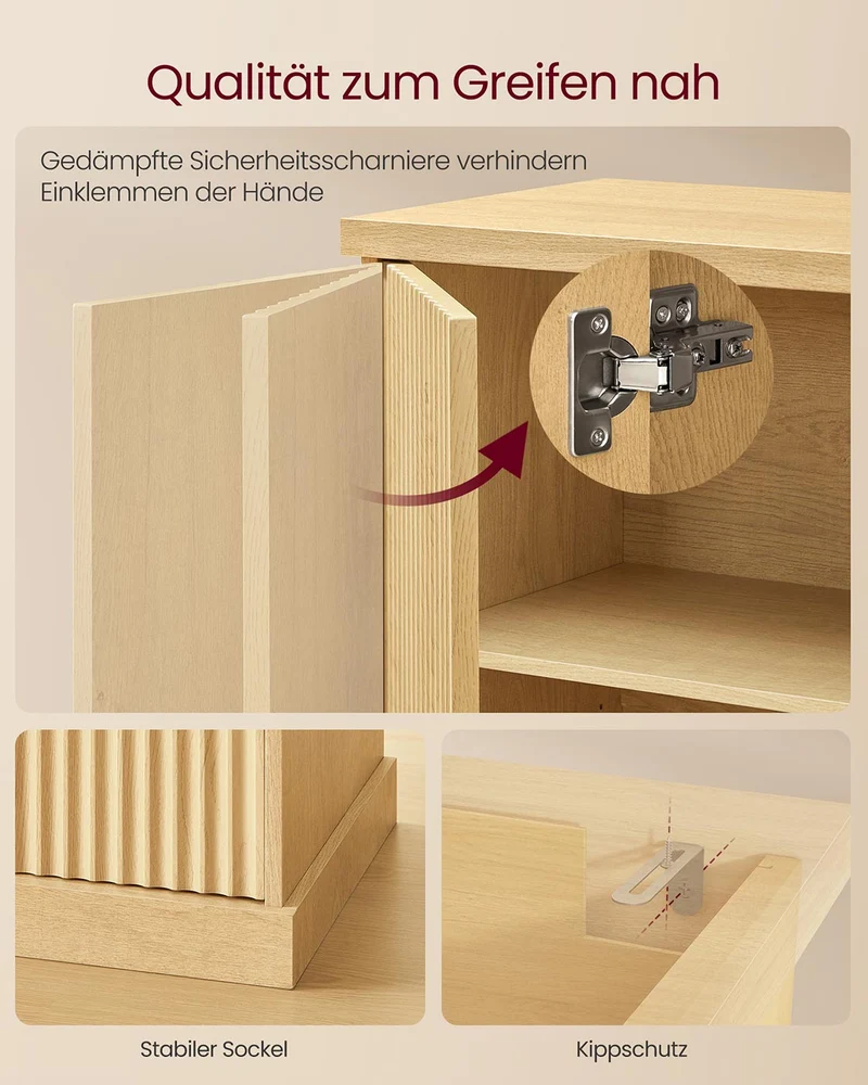 Sideboard mit geriffelten Türen – Aufbewahrungsschrank mit verstellbarem Boden – 76 cm breit – Eichenbeige