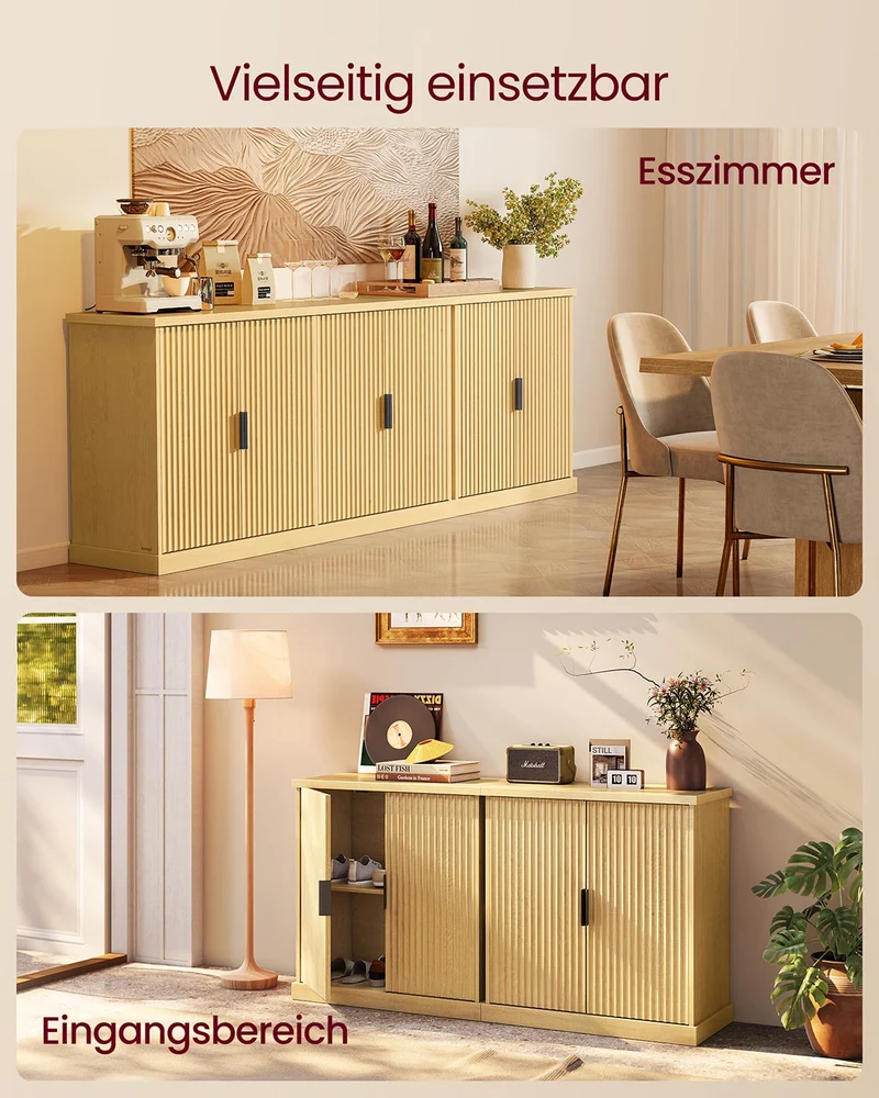 Sideboard mit geriffelten Türen – Aufbewahrungsschrank mit verstellbarem Boden – 76 cm breit – Eichenbeige