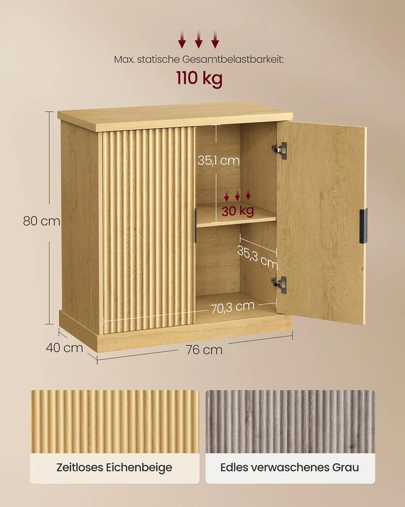 Sideboard mit geriffelten Türen – Aufbewahrungsschrank mit verstellbarem Boden – 76 cm breit – Eichenbeige