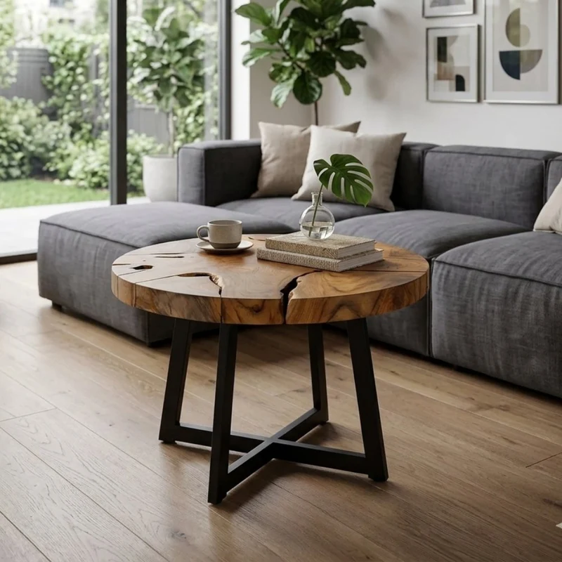 Runder Massivholz Couchtisch BAGIAN 80cm Teak natural Metall