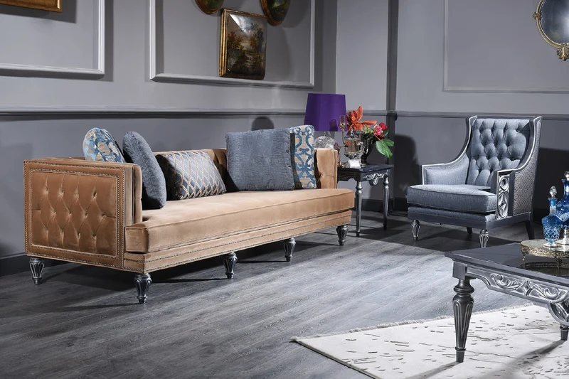 Casa Padrino Luxus Barock Chesterfield Sofa Beige / Silber 250 x 92 x H. 85 cm - Barockmöbel