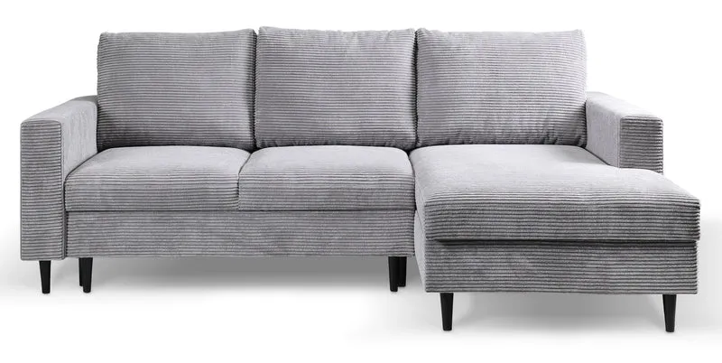 Ecksofa mit Schlafunktion Nalika, L-förmig, mit Stauraum, hellgrauer Cordstoff, rechtsseitig