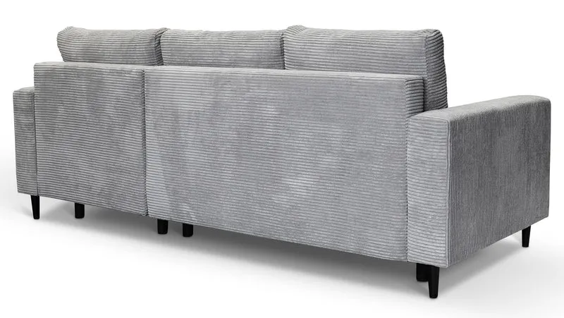 Ecksofa mit Schlafunktion Nalika, L-förmig, mit Stauraum, hellgrauer Cordstoff, rechtsseitig