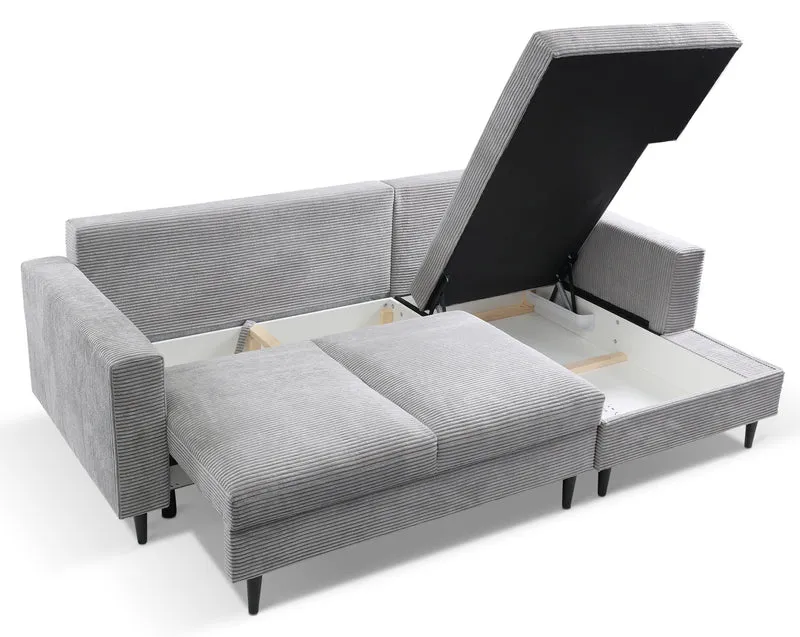 Ecksofa mit Schlafunktion Nalika, L-förmig, mit Stauraum, hellgrauer Cordstoff, rechtsseitig