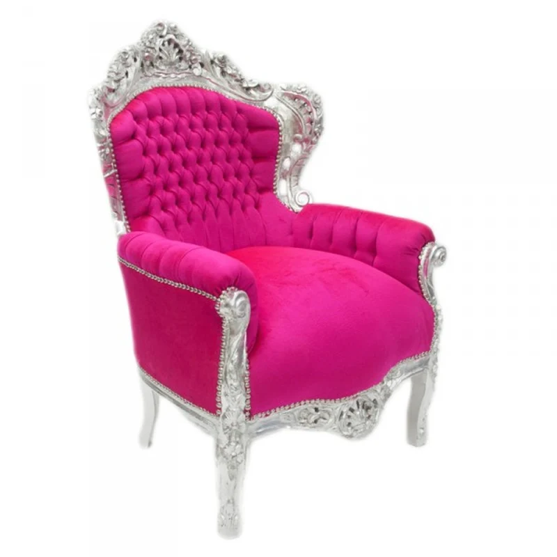 Casa Padrino Barock Sessel King Pink / Silber, handgefertigter Luxus Sessel im Antik Stil, 120 x 85 x 85 cm