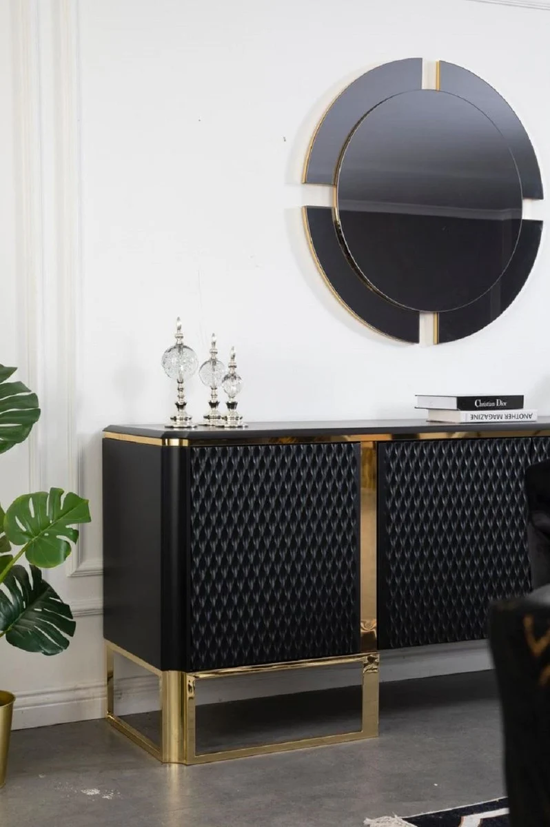 Casa Padrino Luxus Sideboard Schwarz / Gold 220 x 50 x H. 83 cm - Edler Massivholz Schrank mit 4 Türen - Luxus Möbel - Luxus Qualität