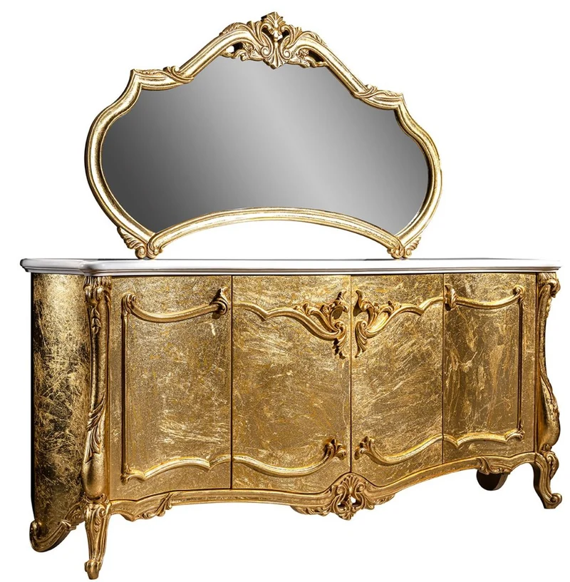Casa Padrino Luxus Barock Möbel Set Sideboard mit Spiegel Weiß / Gold - Prunkvoller Massivholz Schrank mit elegantem Wandspiegel - Möbel im Barockstil