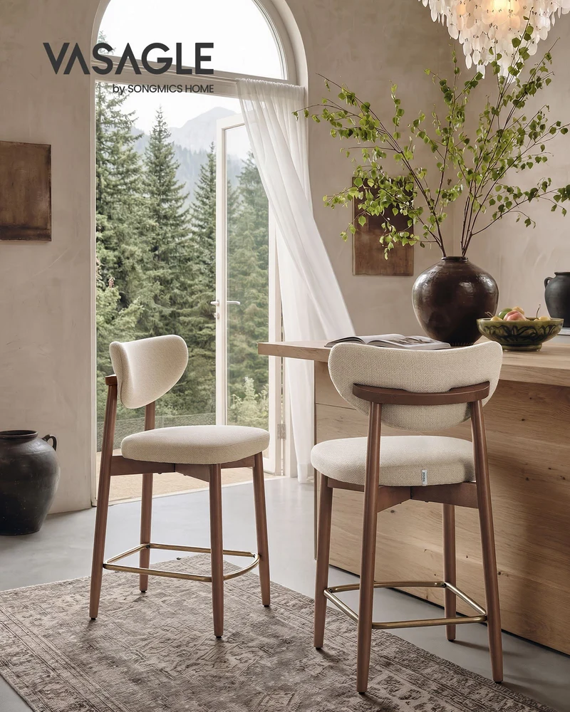 2er-Set Barhocker Mit Rückenlehne - Leinenoptik Mit Massiven Holzbeinen - Japandi