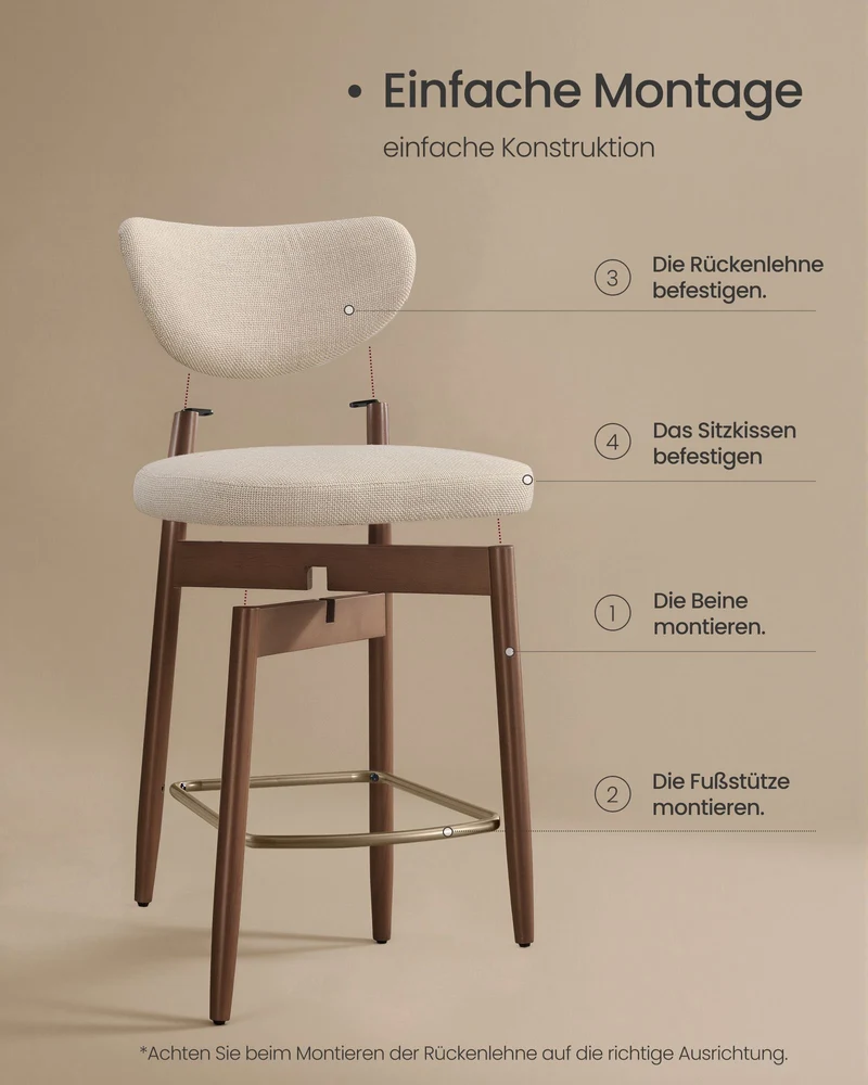 2er-Set Barhocker Mit Rückenlehne - Leinenoptik Mit Massiven Holzbeinen - Japandi