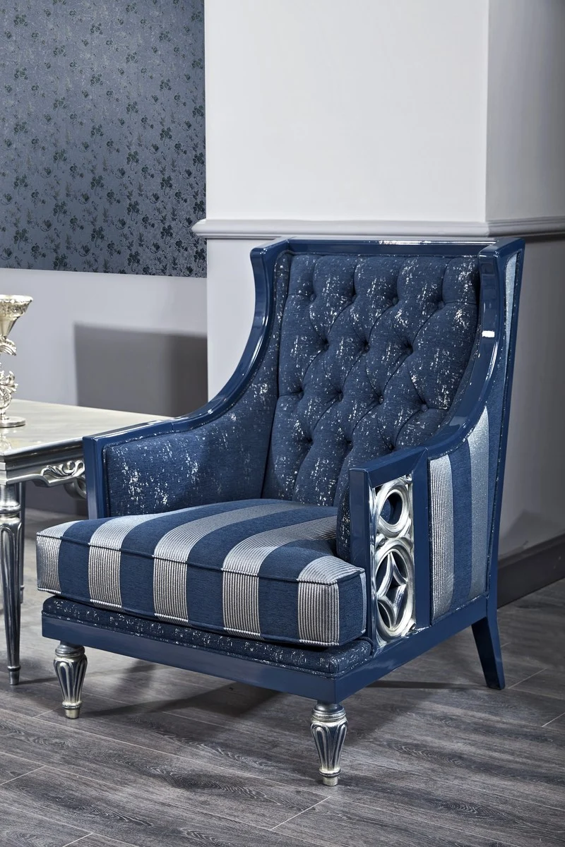 Casa Padrino Luxus Barock Chesterfield Wohnzimmer Sessel Blau / Silber gestreift 77 x 76 x H. 100 cm - Barockmöbel