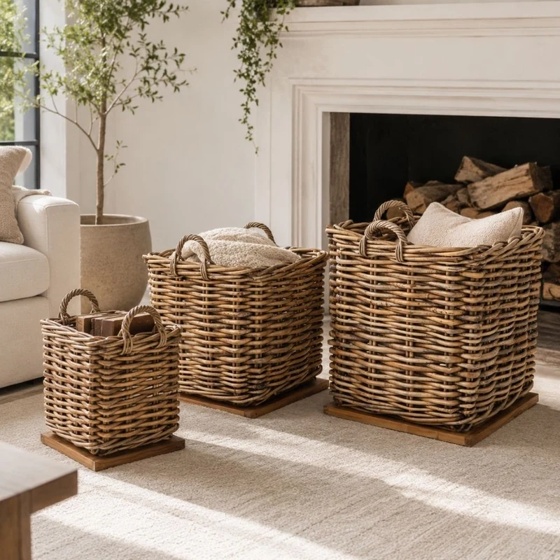 Dickes CL Rattan Korb CESTINO braun ca.70cm Teakbodenplatte