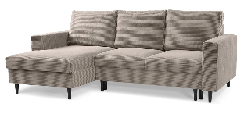Ecksofa mit Schlaffunktion Nalika, L-förmig, mit Stauraum, beige Cord, linksseitig