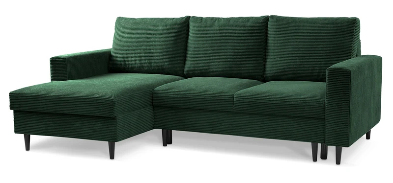 Ecksofa mit Schlafunktion Nalika, L-förmig, mit Stauraum, dunkelgrüner Cord, linksseitig