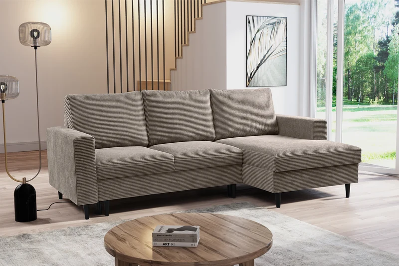 Ecksofa mit Schlaffunktion Nalika, L-förmig, mit Stauraum, beige Cord, rechtsseitig