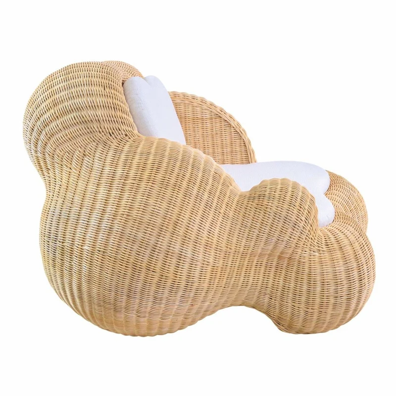 Casa Padrino Luxus Rattan Sessel mit Kissen Naturfarben / Weiß - Rattan Möbel