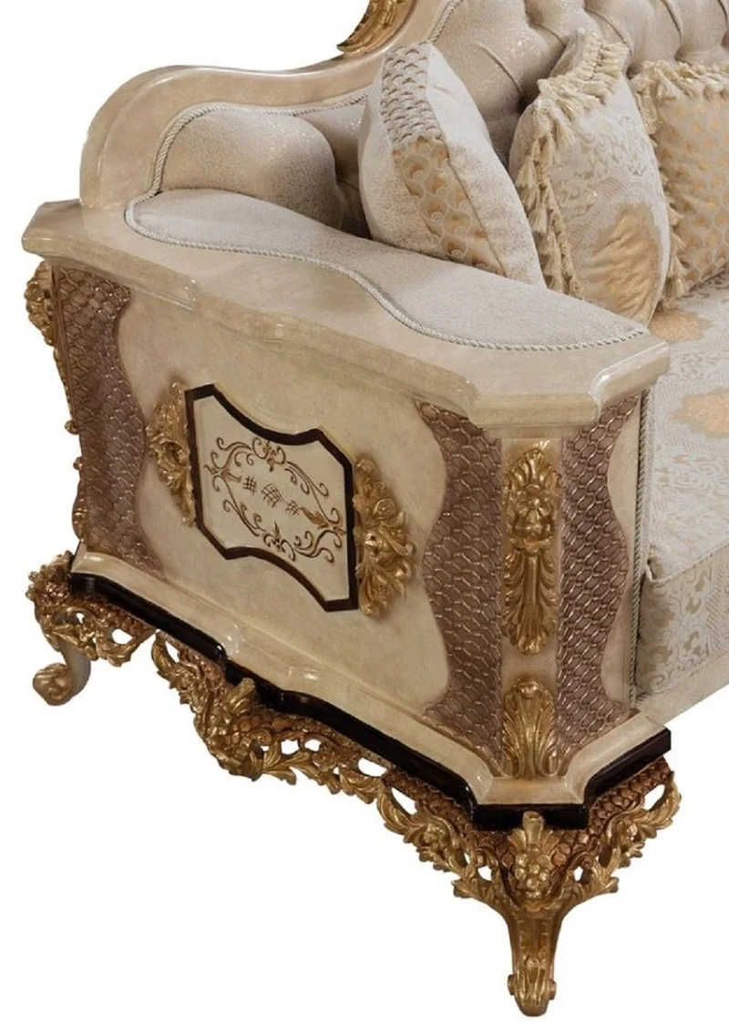 Casa Padrino Luxus Barock Sofa Weiß / Beige / Creme / Schwarz / Gold - Barockstil Wohnzimmer Sofa mit elegantem Muster - Luxus Wohnzimmer Möbel im Barockstil - Barock Möbel - Barock Einrichtung