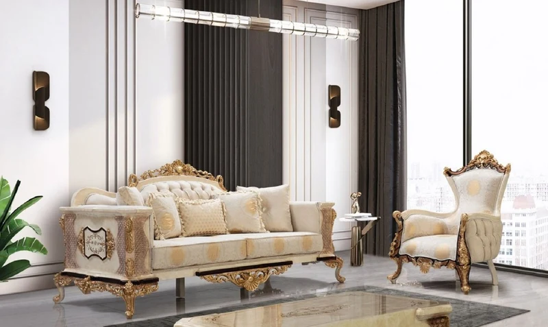 Casa Padrino Luxus Barock Sofa Weiß / Beige / Creme / Schwarz / Gold - Barockstil Wohnzimmer Sofa mit elegantem Muster - Luxus Wohnzimmer Möbel im Barockstil - Barock Möbel - Barock Einrichtung