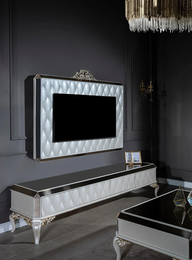 Casa Padrino Luxus Barock TV Schrank Weiß / Gold / Schwarz 235 x 52 x H. 54 cm - Edles Massivholz Lowboard mit TV Wand - Wohnzimmerschrank - Wohnzimmer Möbel im Barockstil