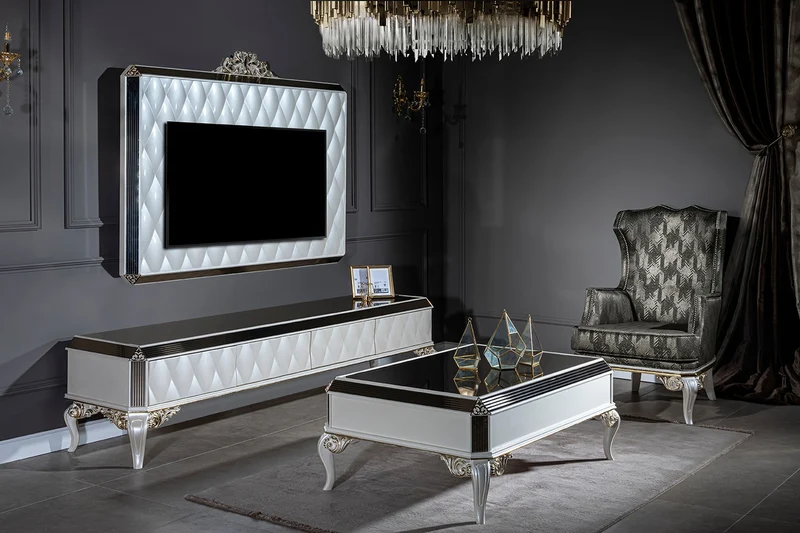 Casa Padrino Luxus Barock TV Schrank Weiß / Gold / Schwarz 235 x 52 x H. 54 cm - Edles Massivholz Lowboard mit TV Wand - Wohnzimmerschrank - Wohnzimmer Möbel im Barockstil