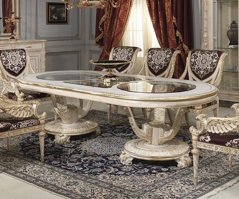 Casa Padrino Luxus Barock Esstisch Weiß / Gold - Verschiedene Größen - Prunkvoller ovaler Massivholz Esszimmertisch mit Glasplatten - Hotel Restaurant Schloss Möbel - Luxus Qualität - Made in Italy