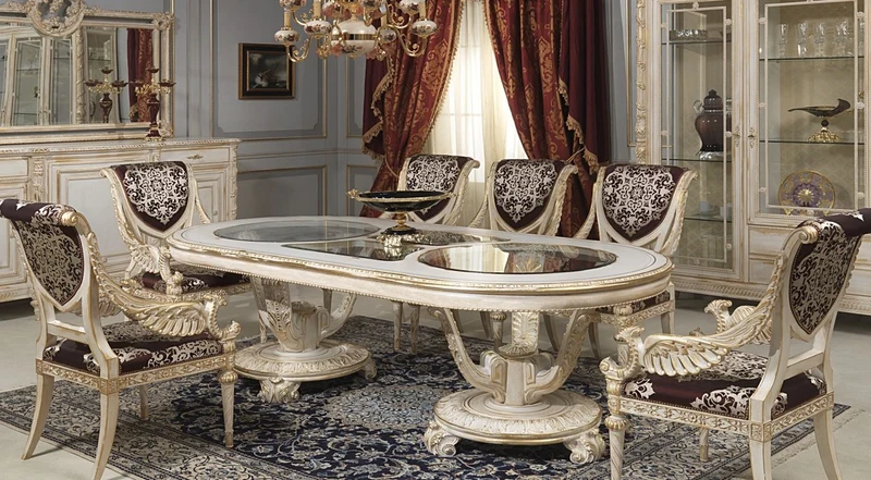 Casa Padrino Luxus Barock Esstisch Weiß / Gold - Verschiedene Größen - Prunkvoller ovaler Massivholz Esszimmertisch mit Glasplatten - Hotel Restaurant Schloss Möbel - Luxus Qualität - Made in Italy