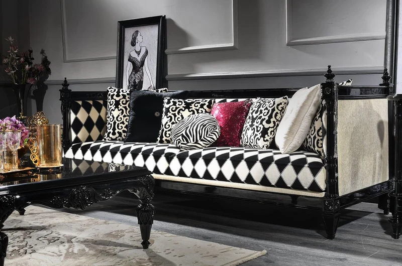 Casa Padrino Luxus Barock Sofa Weiß / Schwarz 240 x 96 x H. 83 cm - Wohnzimmer Sofa mit elegantem Muster - Edel & Prunkvoll